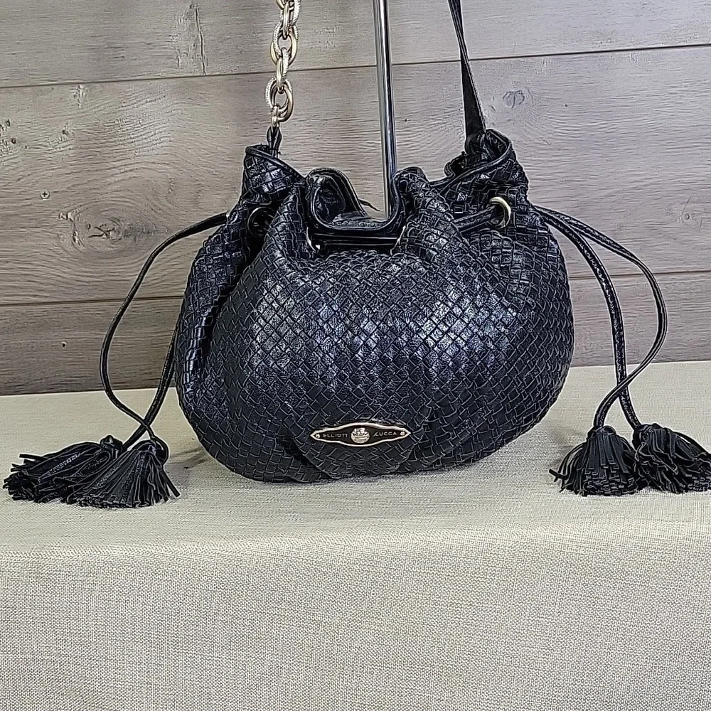Elliott Lucca Black Woven Leather Drawstring Crossbody Bag